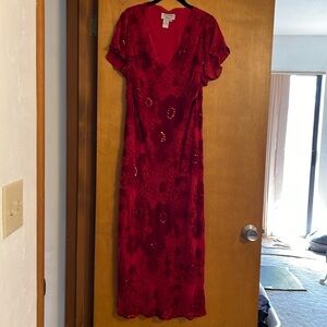 Red midi dress with velvet floral pattern, size 16W